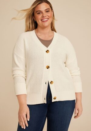 Plus Size Mixed Stitch Button Front Cardigan
