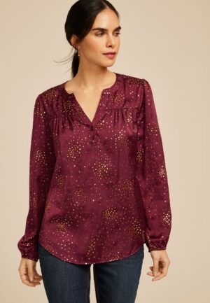 Metallic Dot Henley V Neck Satin Blouse