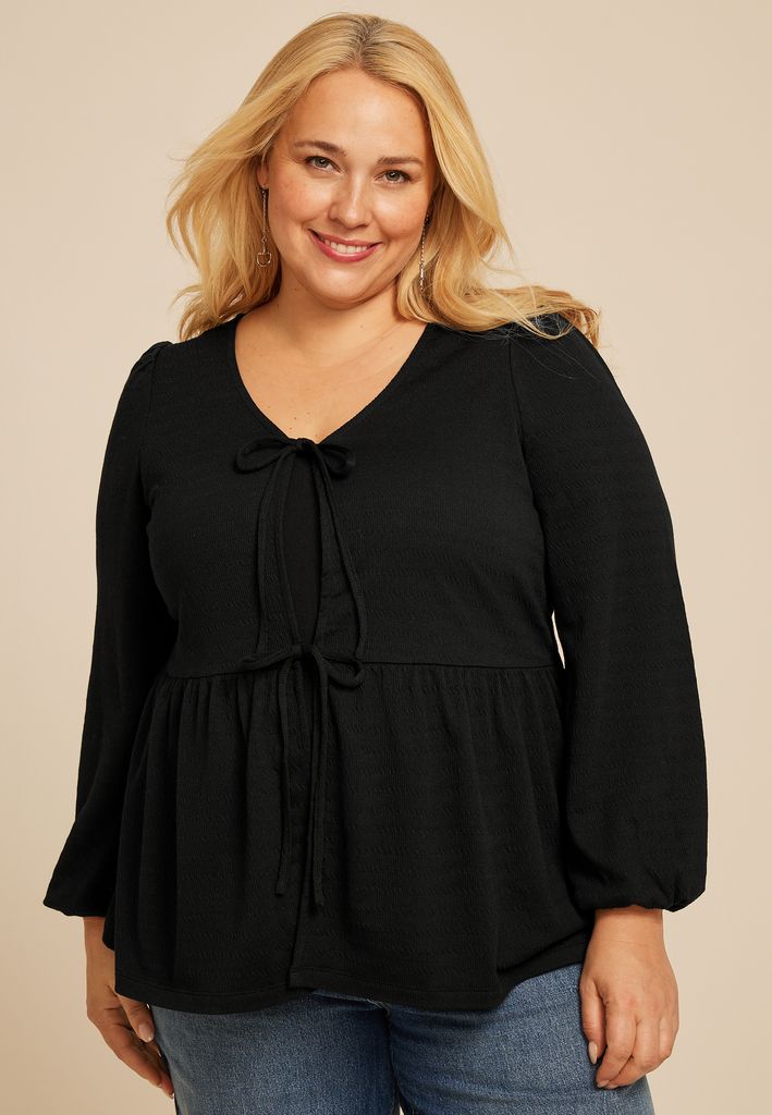Plus Size Textured Bow Tie V Neck Top