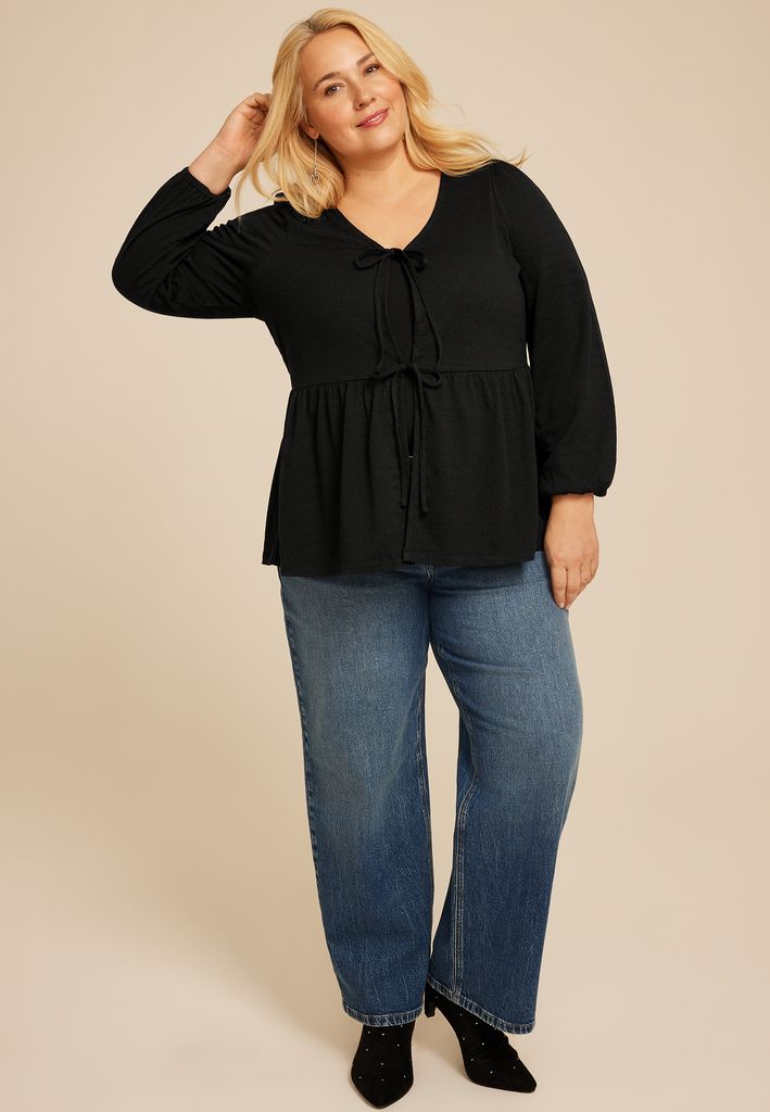 Plus Size Textured Bow Tie V Neck Top - Image 3