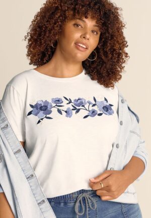 Plus Size Floral Embroidered Classic Fit Graphic Tee