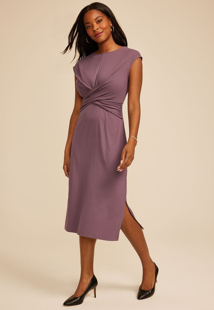 24/7 Wrap Bodice Ribbed Midi Dress