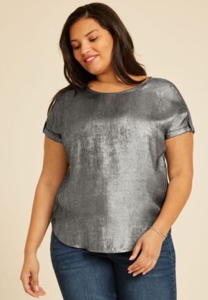 Plus Size Delton Metallic Zipper Back Blouse