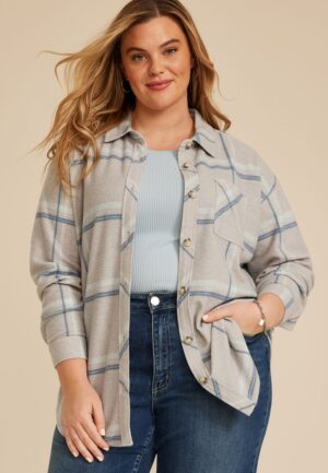 Plus Size Plaid Fleece Oversized Shacket