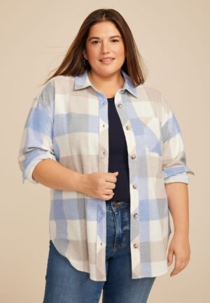 Plus Size Plaid Fleece Oversized Shacket