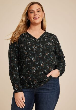 Plus Size Floral Pleated V Neck Button Front Blouse