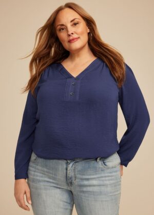 Plus Size Pleated V Neck Button Front Blouse