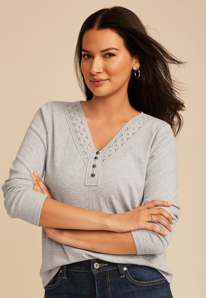 Crochet Yoke Henley Long Sleeve Top