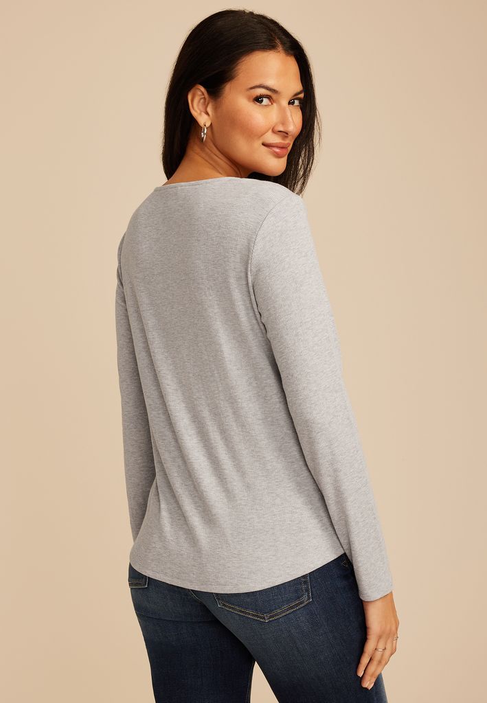 Crochet Yoke Henley Long Sleeve Top - Image 2