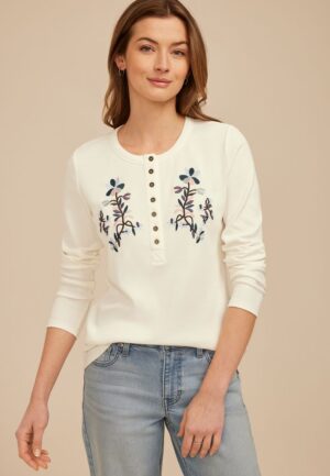 Floral Embroidered Henley Long Sleeve Tee