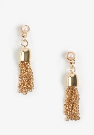 Faux Pearl And Gold Tassel Earrings