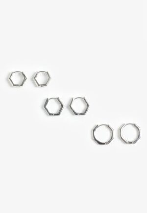 Silver Hexagon Hoop Trio Earring Set