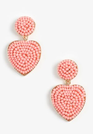 Pink Beaded Heart Drop Earrings