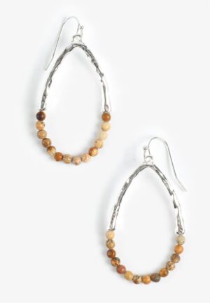 Hammered Silver and Brown Bead Drop Earrings