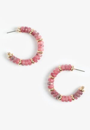 Gold and Pink Beaded Hoop Earrings