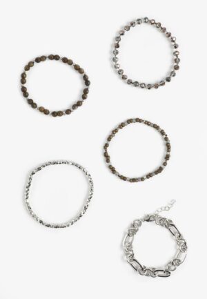 Mixed Beaded Stretch And Silver Link Bracelet Set